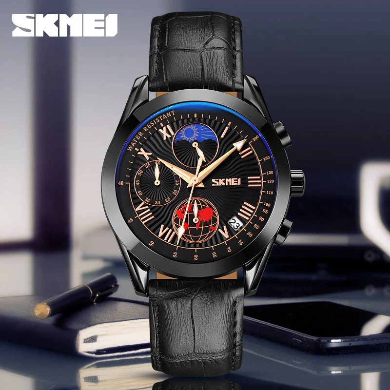 SKMEI Fashion Men's Six-Hand Business Watch, Trendy Waterproof Leather Strap Quartz Watch