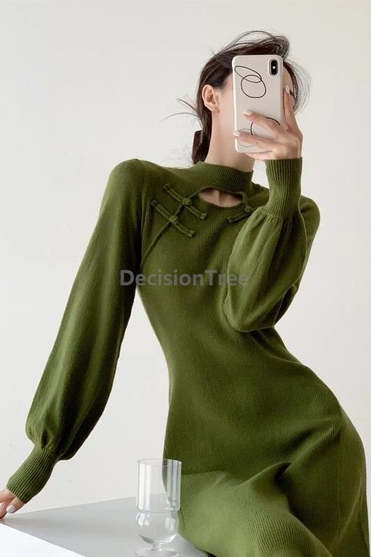

2025 retro disc buckle improved qipao fashionable hollow out design women's cheongsam chinese style daily knit qipao dress