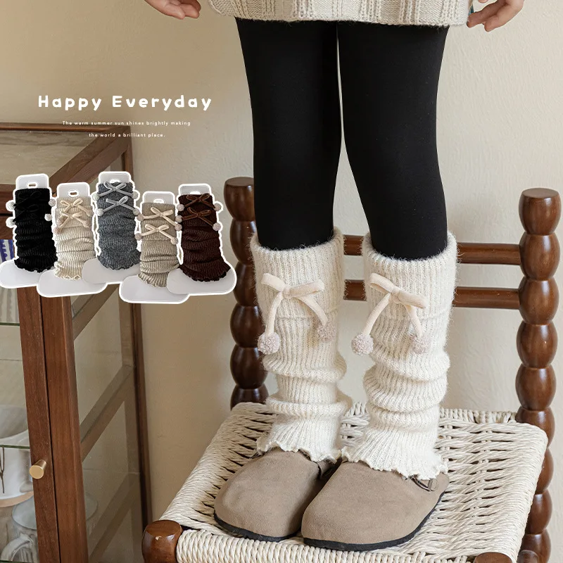 

INS Korean Kids Girls Leg Warmers Sweet Knitted Thick Stackable Socks with Bowknot Cute Pompom Calf Socks for Children Girl