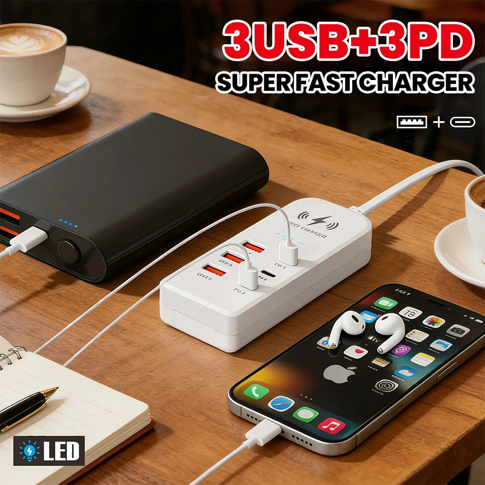 6 in 1 3PD 3USB USB C Charger Power Strip Desktop Fast Charging Cord Phone Fast USB Adapter Socket EU/US Plug