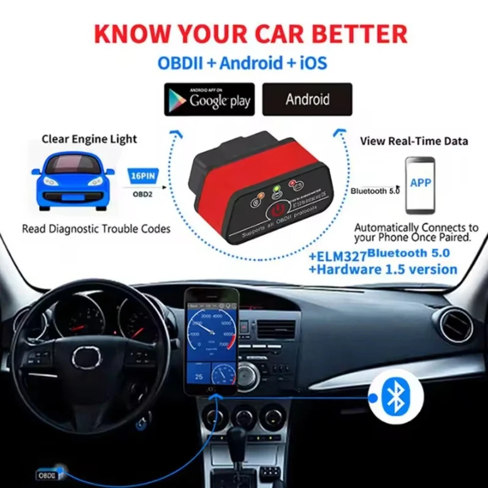 AZ-2026 Useful KONNWEI KW903 Bluetooth 5.0 ELM327 V1.5 OBD2 Scanner for Android IOS Car Diagnostic Code Reader Universal 12V Aut