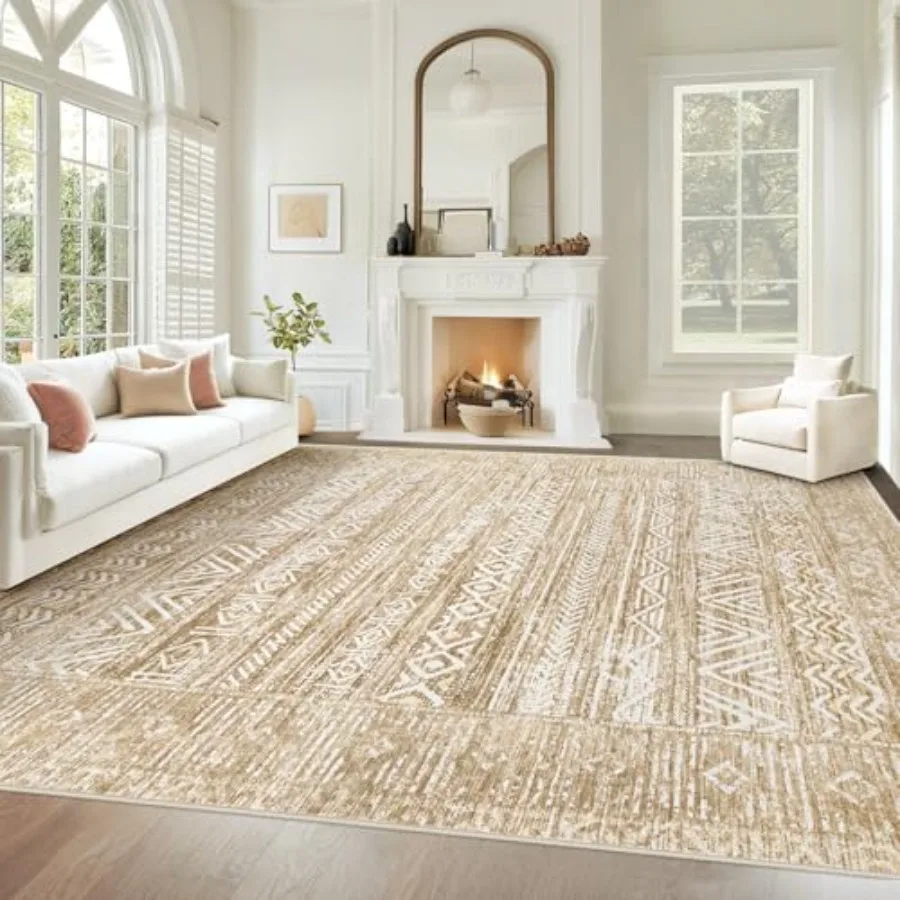 

Living Room Rugs 8x10: Washable Moroccan Geometric Boho Rug Farmhouse Non-Slip Stain-Resistant Large Low-Pile Soft Carpet for B