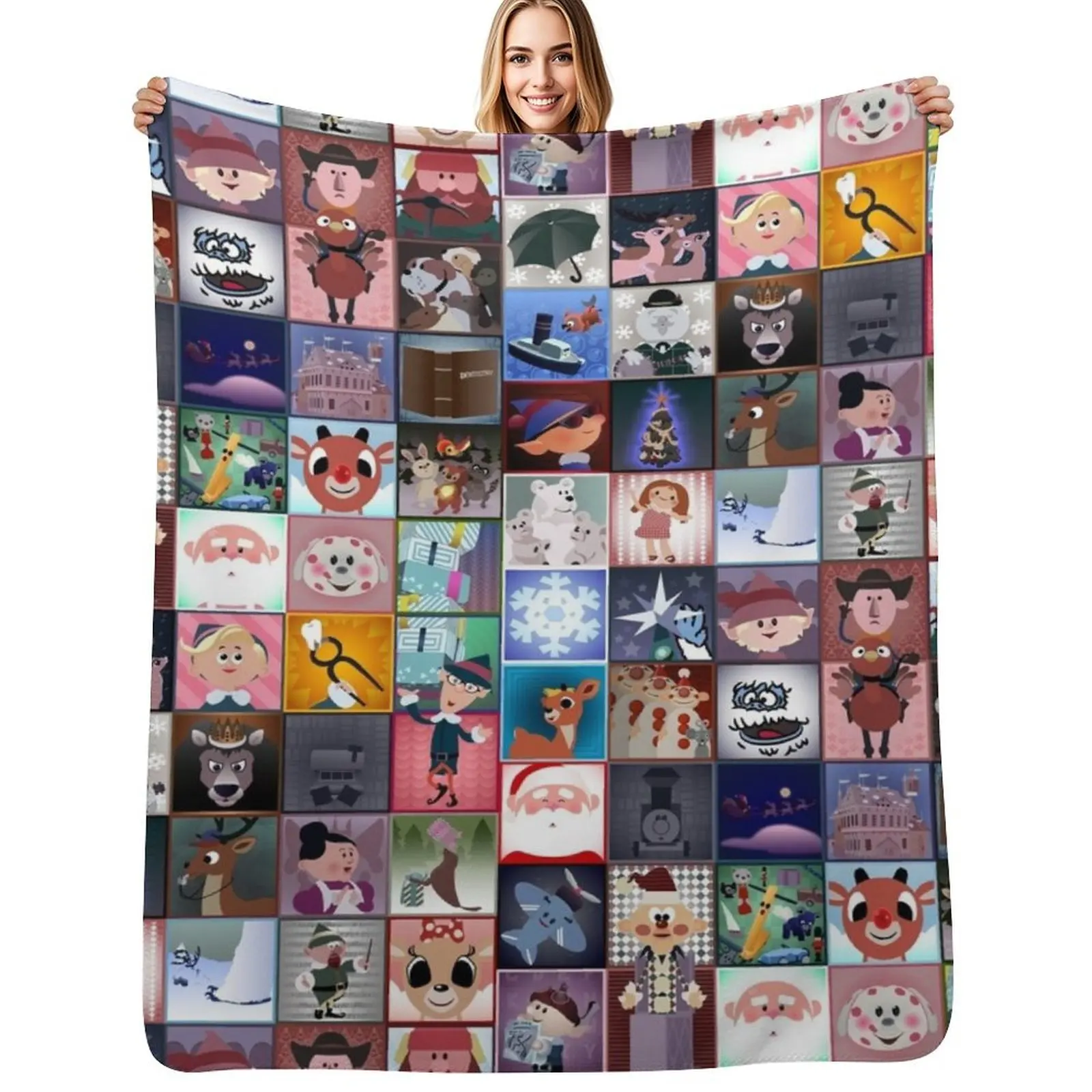 Rudolph Squares Throw Blanket Long Lasting Soft Plush Blanket for Daily Use