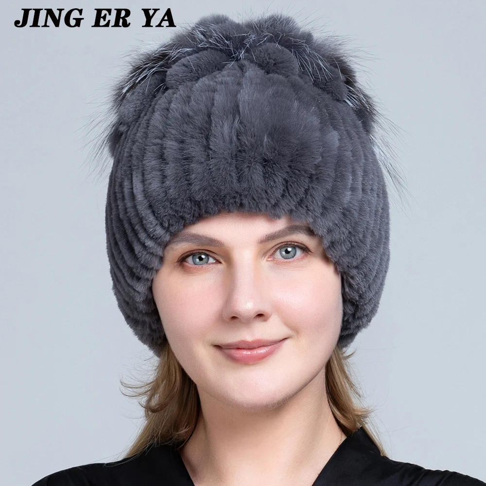 JERYAFUR Fur Hats for Women Winter Real Rex Rabbit Hat Fox Fur Kniting Female Warm Snow Caps Ladies Elegant Princess Beanies Cap