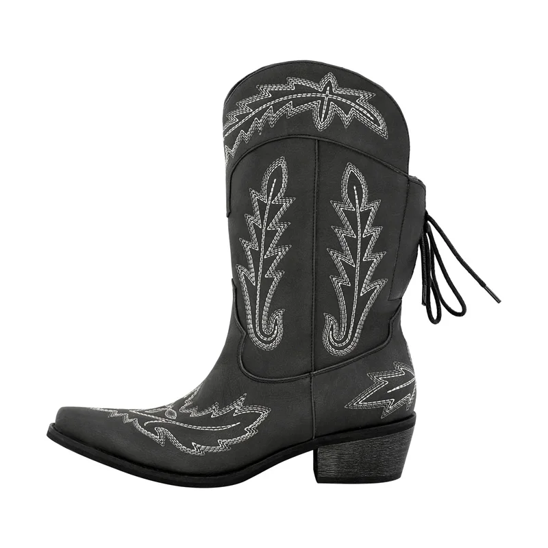 Onlymaker Women Pointed Toe Black Embroidery Western Boots Tapered Heel Round Up  Mid-Calf Western Cowgirl Boots