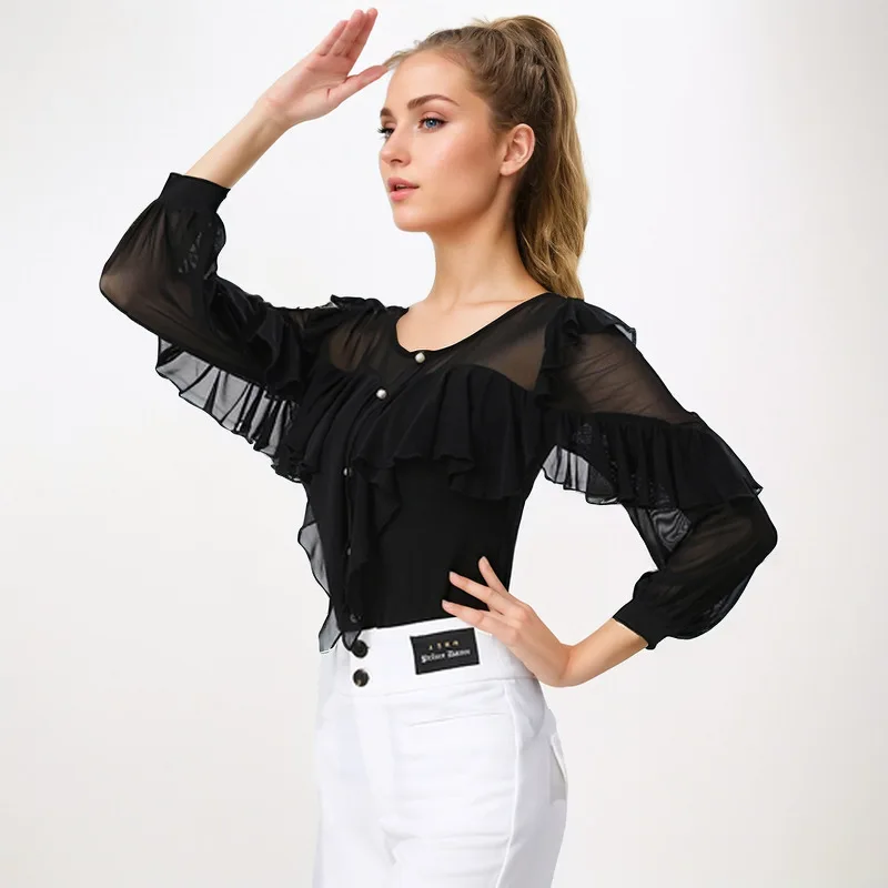 شبكة المرقعة اللاتينية ممارسة الرقص دعوى قاعة الرقص البطن زي طويلة الأكمام أعلى المرأة الفالس الكلاسيكية خط جديد الراين قميص