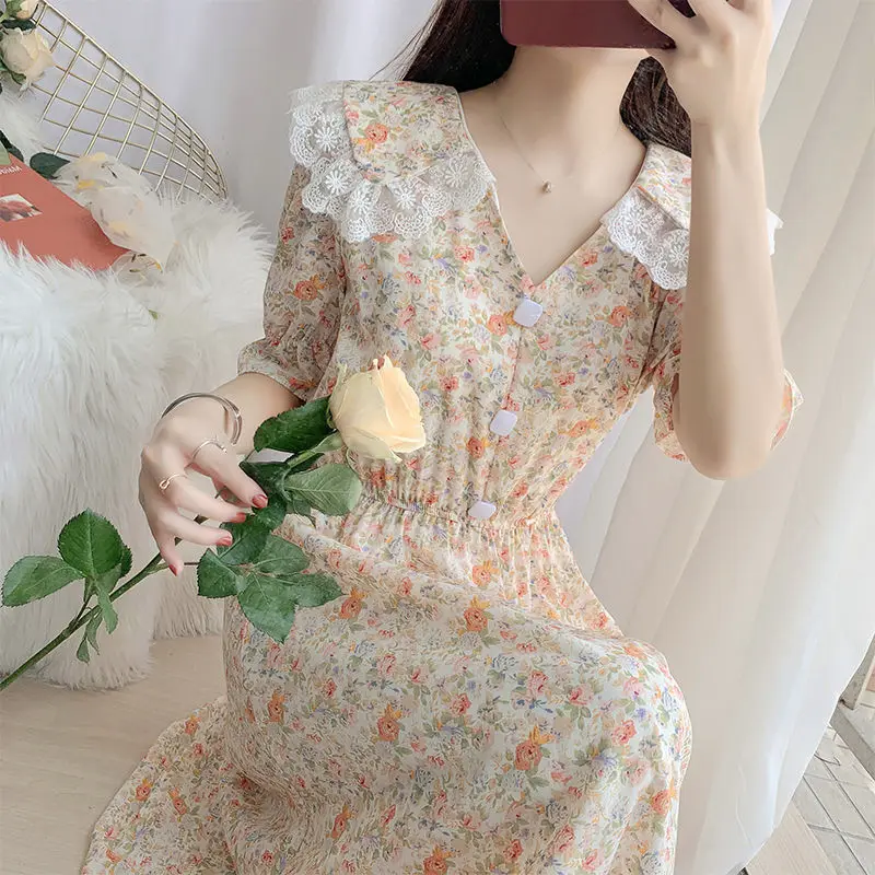 

Floral Printed Lace Lapel Puff Sleeve Mini Dresses for Women 2023 Summer Cute Doll Collar Short Sleeve Casual Slim Dress