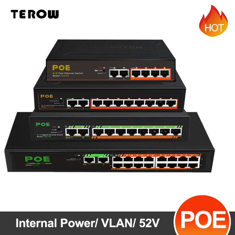 Top Terow 6/10/18 Poorten Poe Switch 100/1000 Mbps Gigabit Netwerk Ethernet Smart Switch 52V Voor Wifi Router/Ip Camera/Draadloos