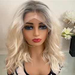 Platinum Blonde Lace Front wig With Grey Roots Thick Shoulder Wavy Synthetic Hair 16