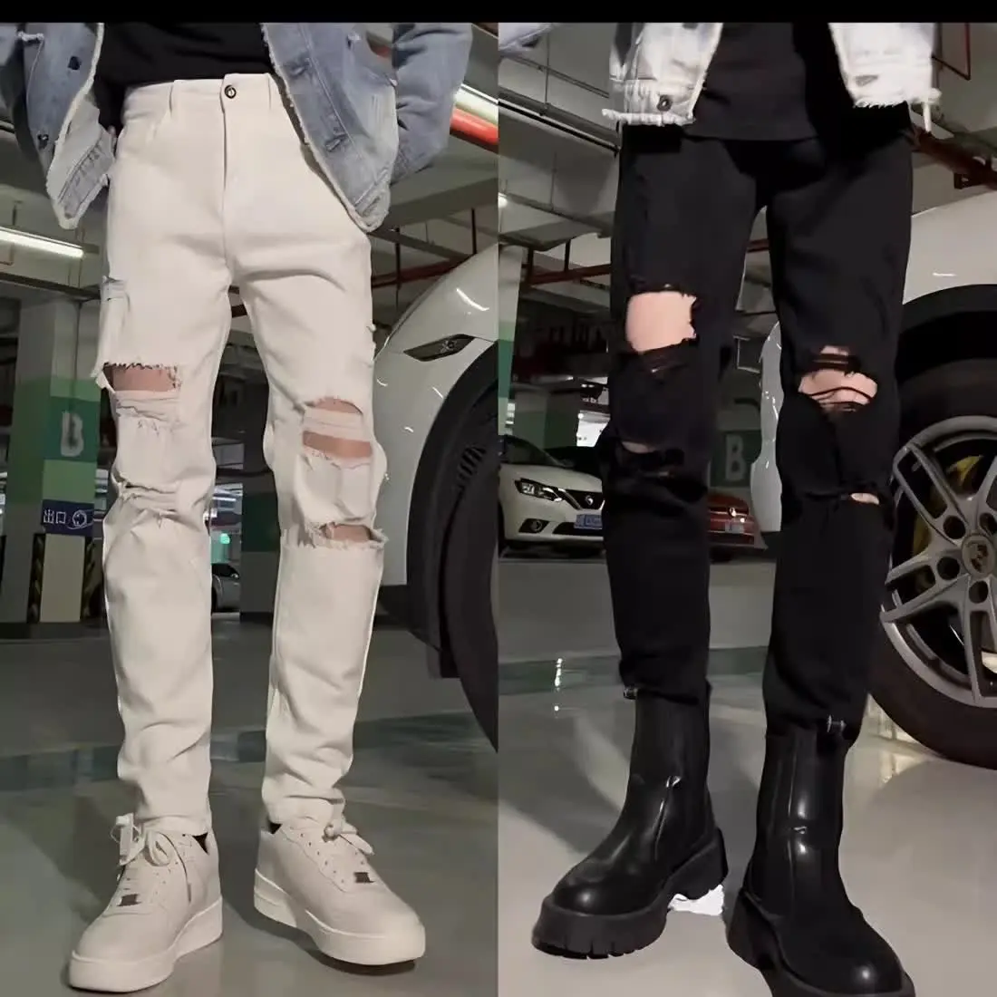 

Men's Spring Summer High-quality High-elastic Beggar Ins Korean Ripped and Versatile Jeans Fashion Casual Small Feet Trousers