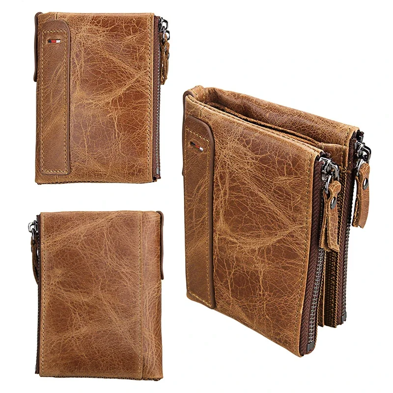 

Crazy Horse Cowhide Men's Wallet RFID Anti Theft Brushing Cowhide Short Style Ticket Clip Money Clip Double Zipper Zero Purse