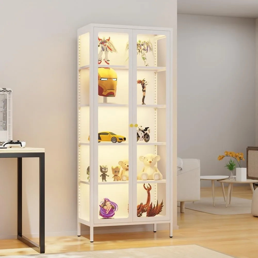 Metal Display Cabinet with Glass Doors,5-Tier Curio Cabinet with Adjustable Shelves,21 DIY Color Lights Display Cases for Collec