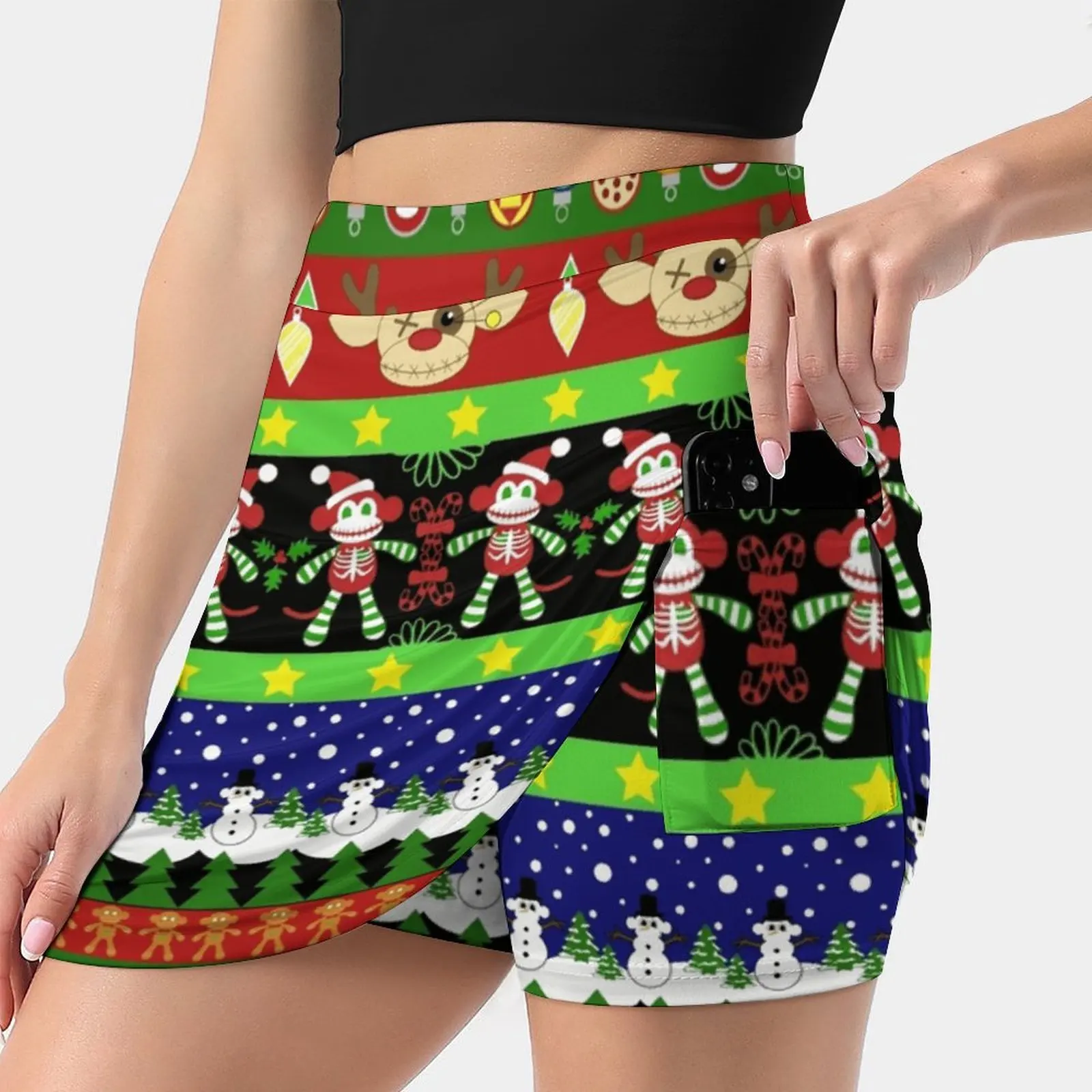 Ugly Macabre Christmas Sweater S-4Xl Tennis Skirts Golf Fitness Athletic Shorts Skirt With Phone Pocket Monkey Ugly Sweater