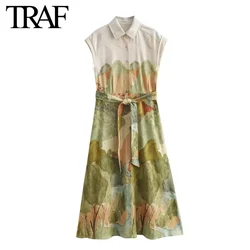 TRAF Fashion Summer Vintage Printed Sleeveless Big Shirt Dress Belt Long Vest for Women French Chic Female Evening Clothing