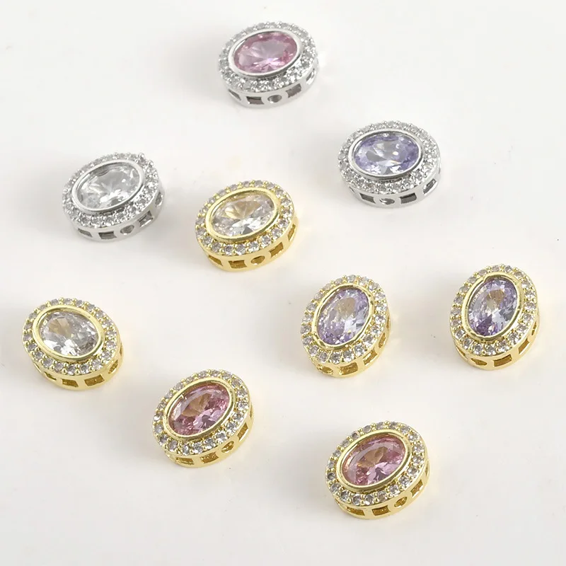 14k Real Gold Color Preservation Micro-inlay Zircon Oval Through-hole Separator Beads DIY Handmade Jewelry Accessory Materials
