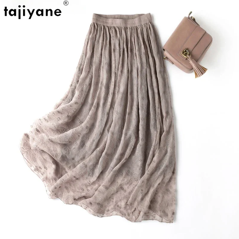 

Tajiyane Women Silk Skirt 100% Mulberry Silk Embroidery Office Lady Skirts with Double Lining Summer Beach Big Hem Streetwear