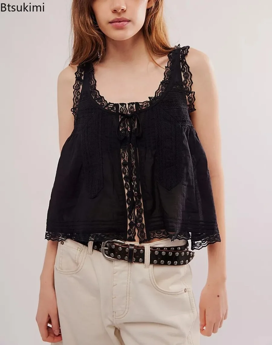 

Sleeveless Tank Tops for Women Blouses Summer Boho Beach Wear 100%Cotton Splicing Lace Shirts Loose Casual Ladies Blusas Camis