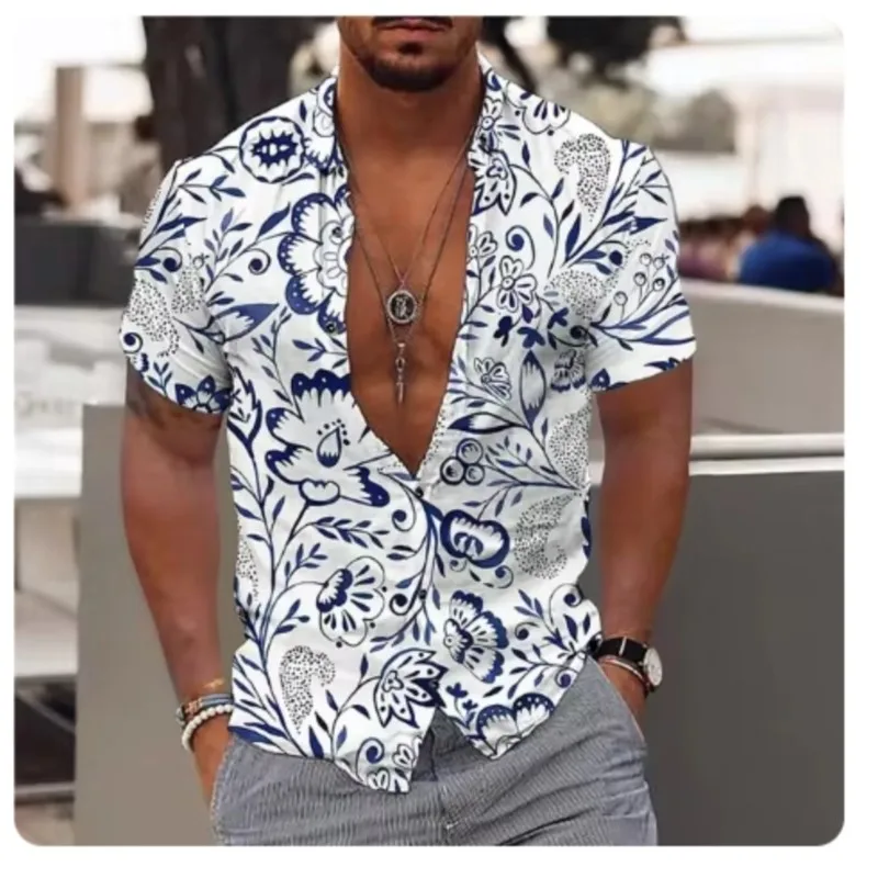 New Coconut Tree Men\'s Shirt Printed Patterns Hawaiian Shirt Beach Short Sleeve Fashion Casual Top Men\'s Cardigan Shirt Summer