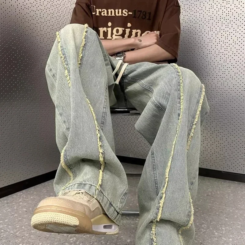 

2025 Spring American New Jeans Men High Street Washed Old Retro Fashion Handsome Edges Casual Trendy Loose Straight Trousers