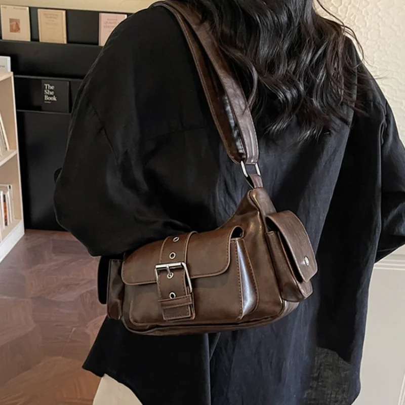 

Edgy Black Leather Shoulder Bag, Belt Decoration with Silver Hardware, Lightweight Crossbody Bag for Outings Everyday Purse
