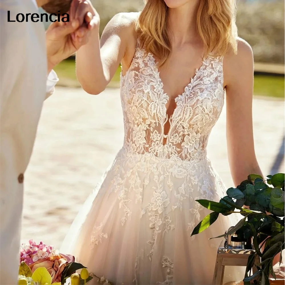 Lorencia-Vestido de casamento moderno linha A, vestido de noiva, decote v, sem mangas, apliques de renda, vestido noiva, YAW128, 2024