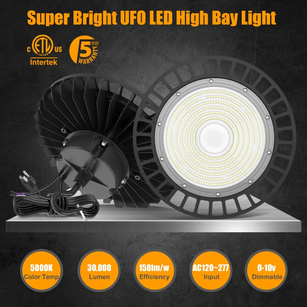 200W LED UFO High Bay Lights 30000lm IP65 5700K 120° WITH US PLUG CE&DLC&ETL Listed