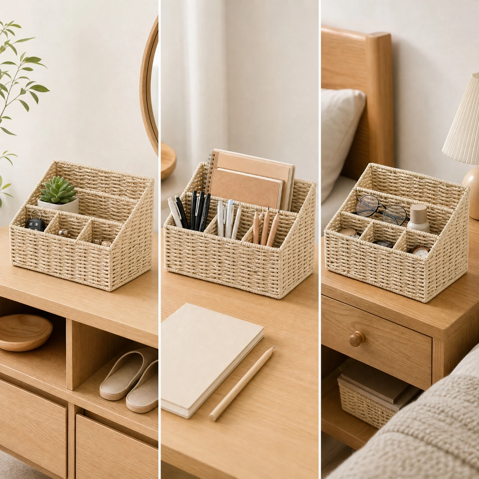 Woven Paper Rope Desk Basket Space-Saving Desktop Organizer with Divided Front Compartments Rectangular Woven Desk Organizer
