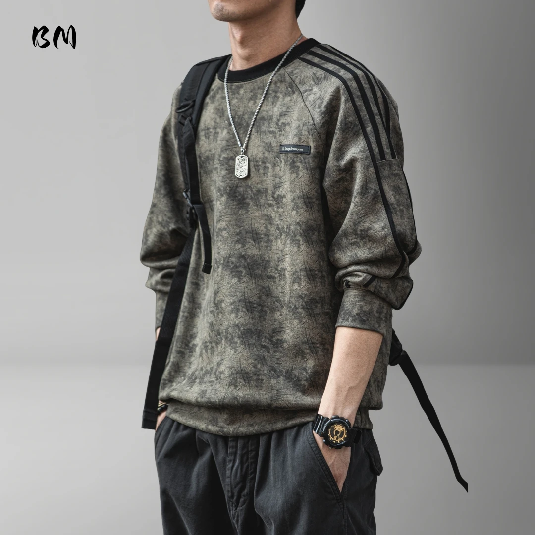Mens American Suede Striped Sweatshirt Autumn Round Neck Pullover Plus Size Casual Sport Korean Streetwear Trendy Tops Male