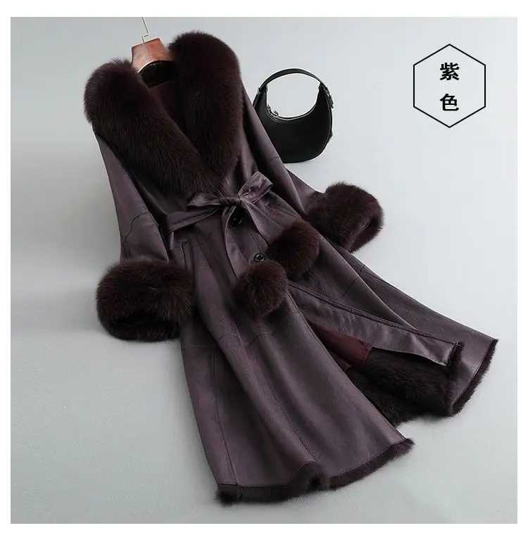 2023 New Rabbit Fur One Piece Coat for Women Mid length Fox Fur Collar Lace up Slim Fit Haining Fur Coat for Women