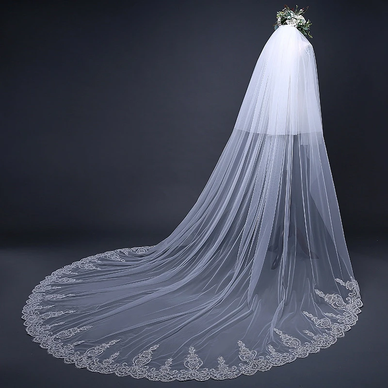 Hot Sale White Ivory Wedding veil Lace Applique Cathedral Bridal veils with Comb Two Layer Veu de noiva longo Schleier