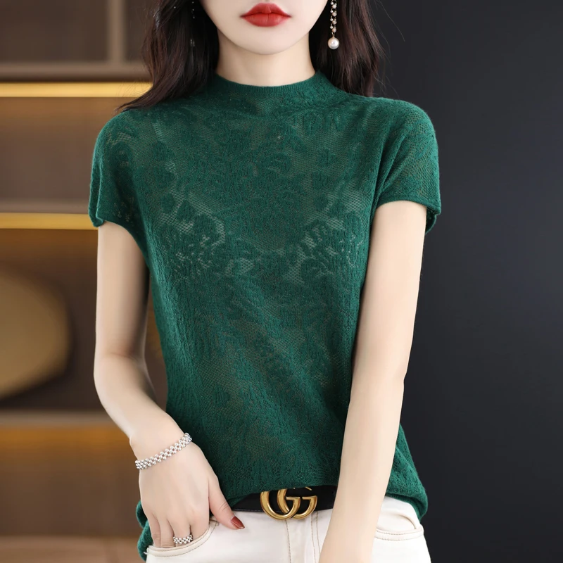 2023 Summer sexy Lace cashmere short sleeve women\'s thin breathable pullover cashmere fashion casual short sleeve