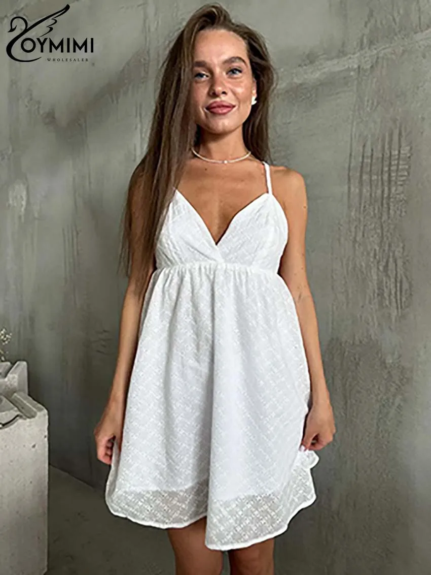 

Oymimi Fashion White Cotton Dresses 2024 Women Elegant Spaghetti Strap High Waist Dresses Casual New Loose Open Back Mini Dress