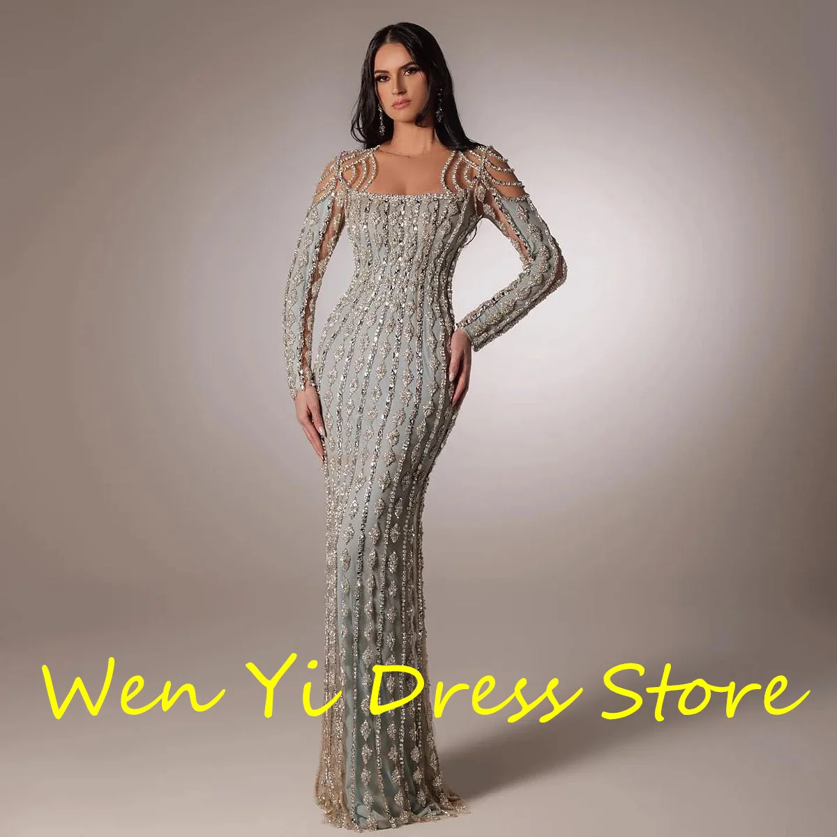 Square Neck Long Sleeves Crystal Beading Sequined Jersey Sheath Floor Length Backless Exquisite Evening Dress Woman Custom Size