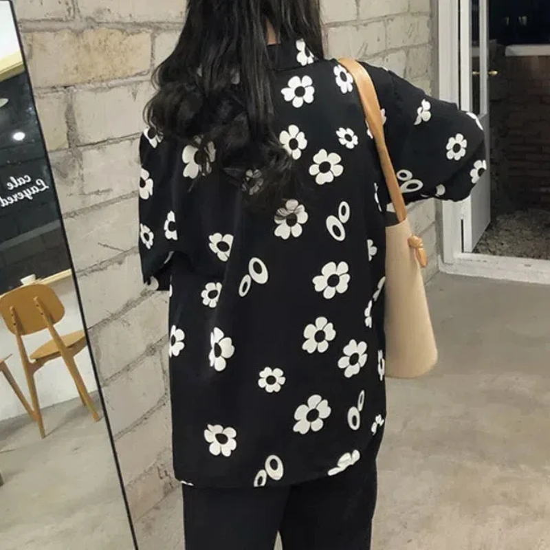 Chiffon Flower Button Long Sleeve Turn-down Collar Contrast Color Cardigan Shirt Women\'s Clothing Spring Autumn All-match Tops