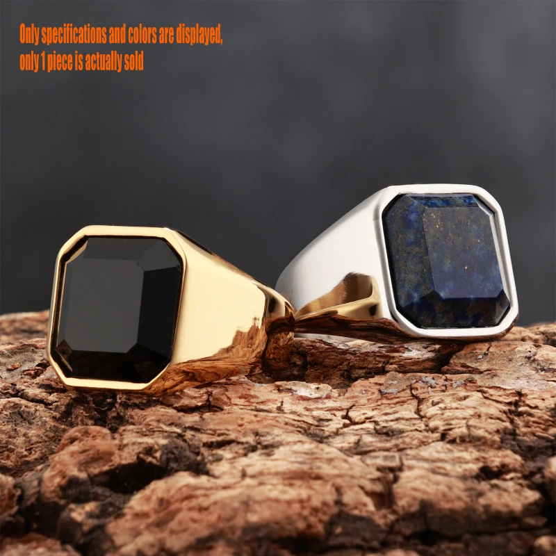 European and American style men's wide version ring, square cut black gemstone lapis lazuli light