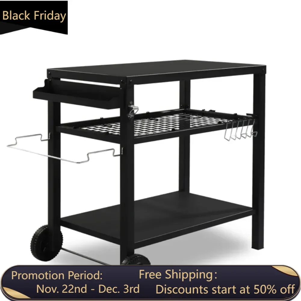 

Outdoor Grill Cart Three-Shelf Grill Table, Movable BBQ Trolley Food Prep Cart with Two Wheels & Hooks, Black BBQ Grills Cart