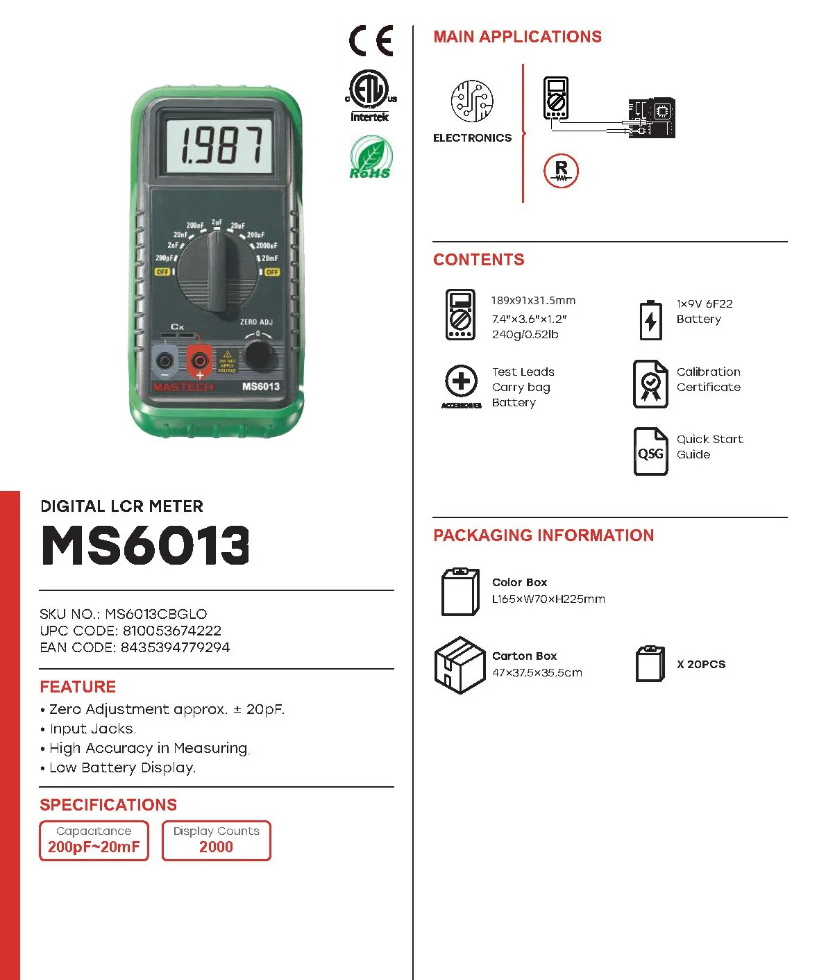 MASTECH MS6013 (MY6013A) MY6243 LCR Meter 1999 Counts Portable 3 1/2 Digital Capacitance Meter Capacitor Tester 200pF to 20mF