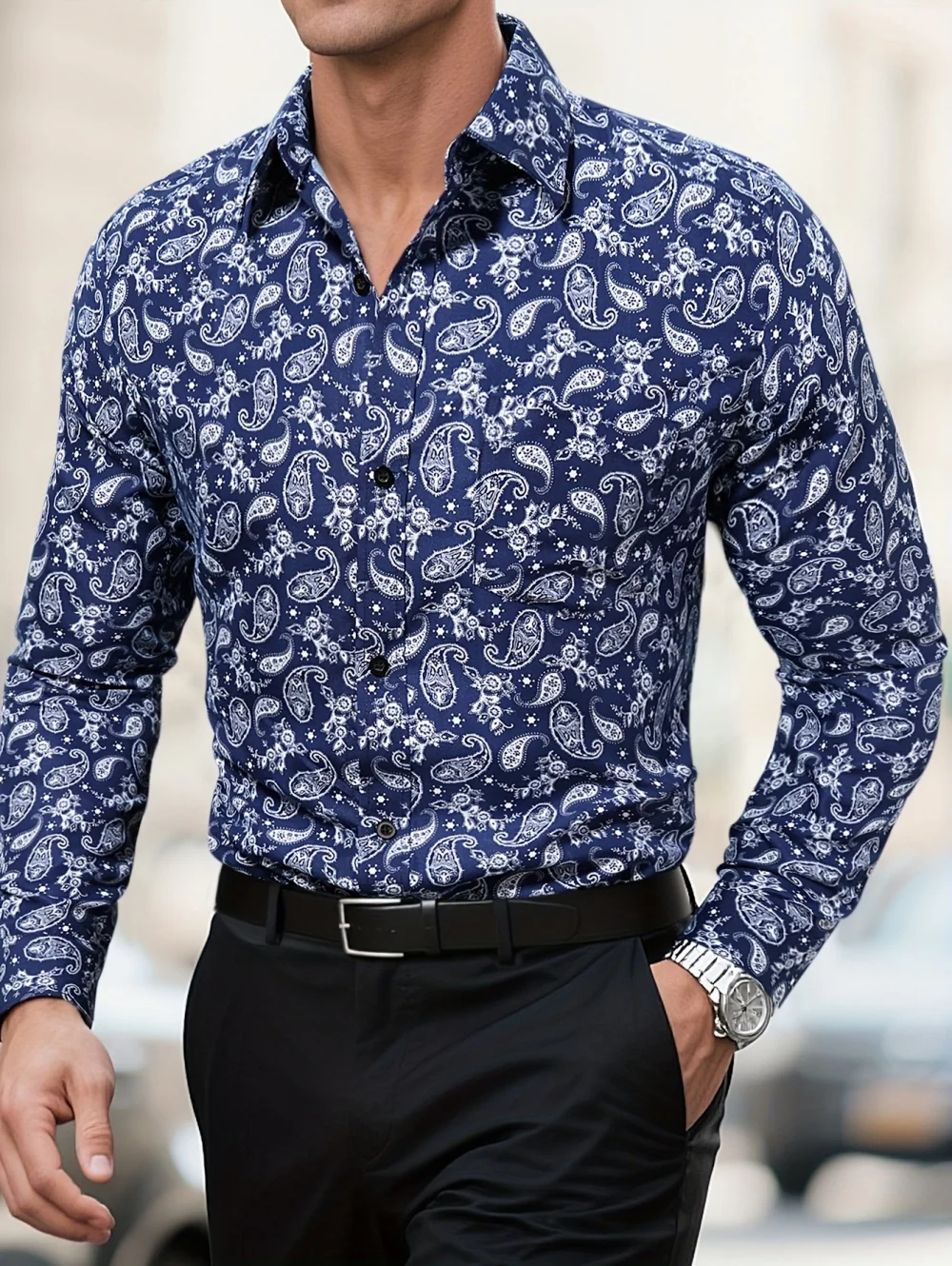 Men's Fashion Long-Sleeve Shirt 3D Vintage Paisley High-Definition Pattern Print Button-Up Top Casual Business Menswear Clothing