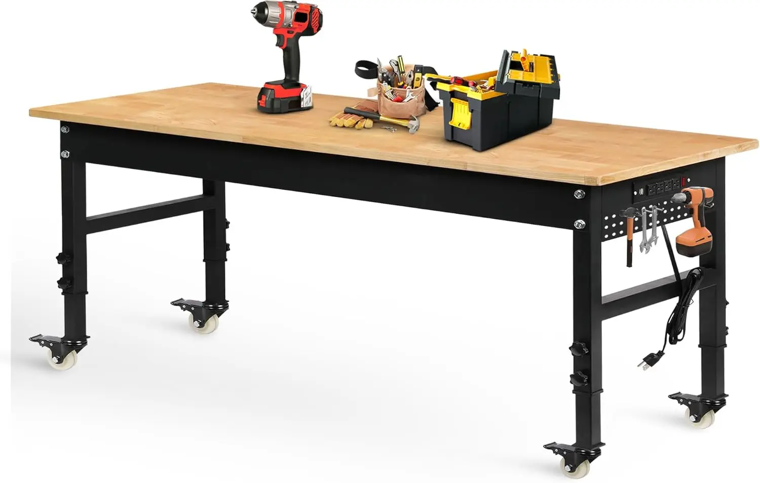 

70" Adjustable Workbench on Wheels 2000 LBS Heavy Duty Work Table with Power Outlets & Pegboard Rubber Wood Workstation