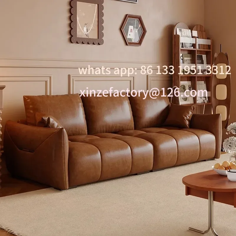 

Customizable Retro style oil wax leather sofa modern simple living room size apartment straight row three people medium ancient