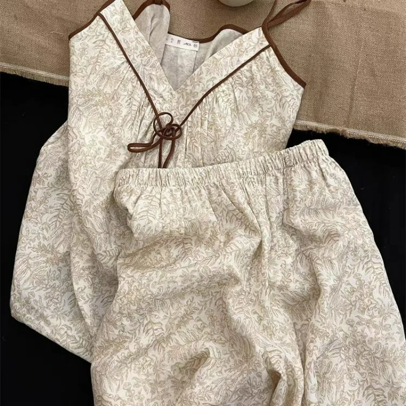 New Chinese Retro Premium Summer Suspender with Chest Pad Pajamas Women  Vest Loungewear Trousers Set National Style Ventilate