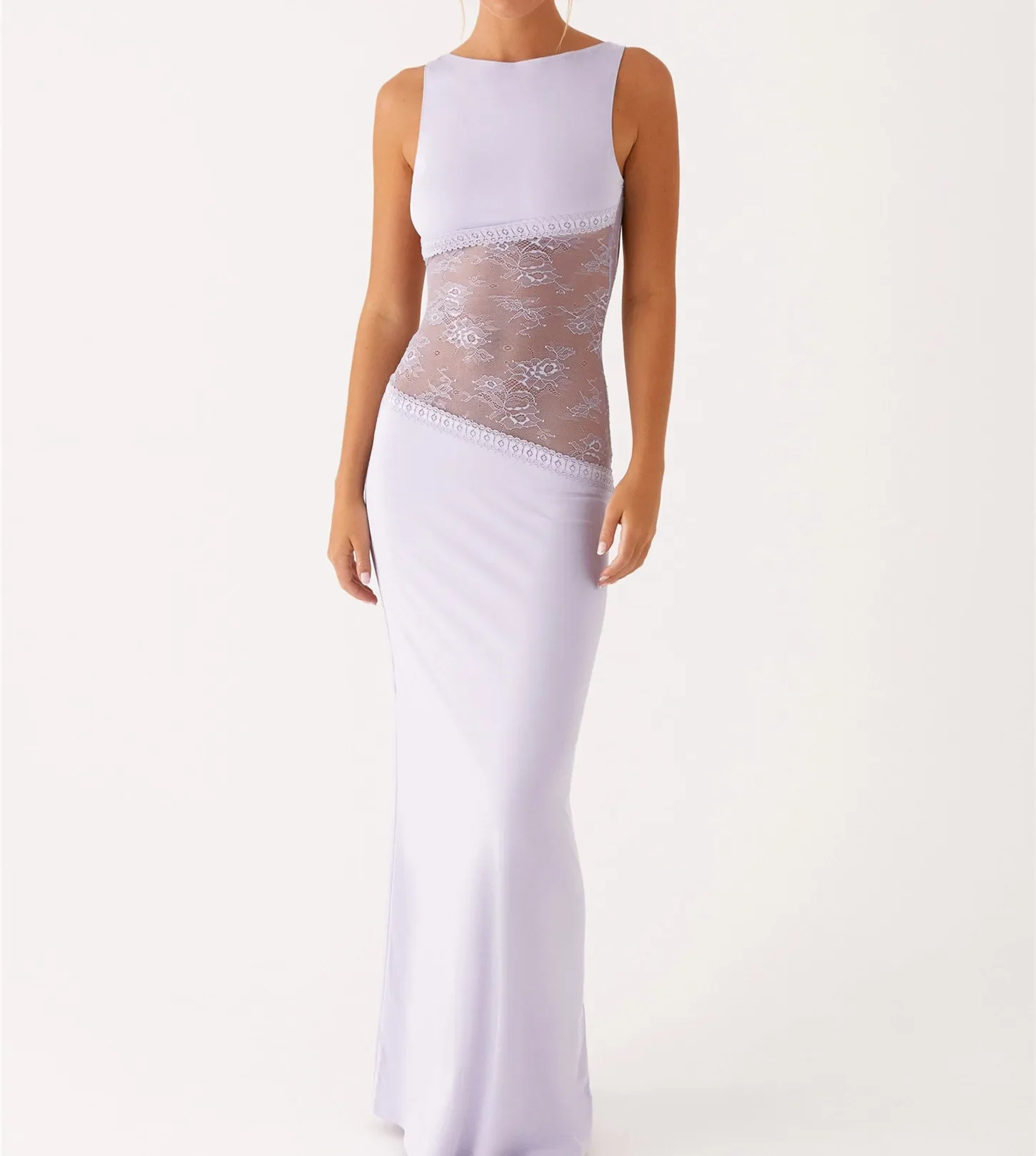 Dames Bodycon Maxi-jurk Kant Patchwork Mouwloos Ruglooze Lange Kokerjurk Y2K Slim Fit Club Party Trouwjurken