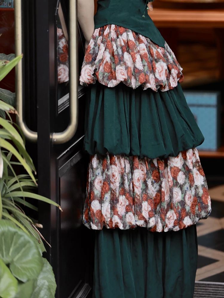 TIYIHAILEY-تنورة نسائية طويلة ماكسي كعكة مرونة الخصر الزهور الخضراء المرقعة طبقات الصيف الربيع 2025 موضة جديدة