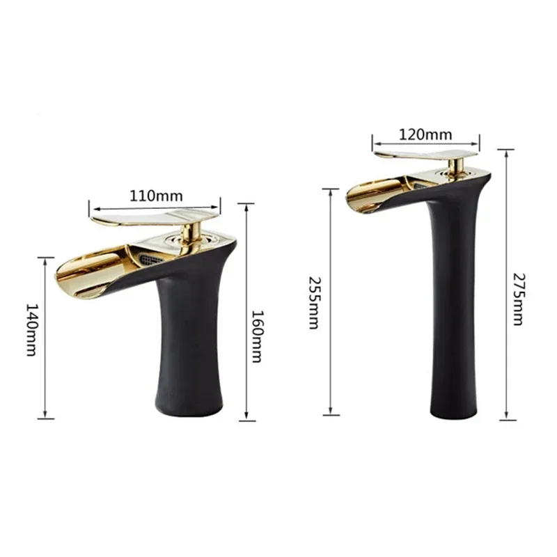 الحمام صنبور حوض خلاط النحاس شلال بالوعة صنبور سطح الخيالة مقبض واحد حوض الماء الساخن والبارد صنبور أبيض أسود الذهب #5
