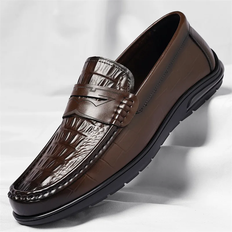 Men's Low-cut Business Formal Leather Shoes Men's Crocodile Pattern Embossed Color-brushed Daily Comfortable Slip-on Men's Shoes