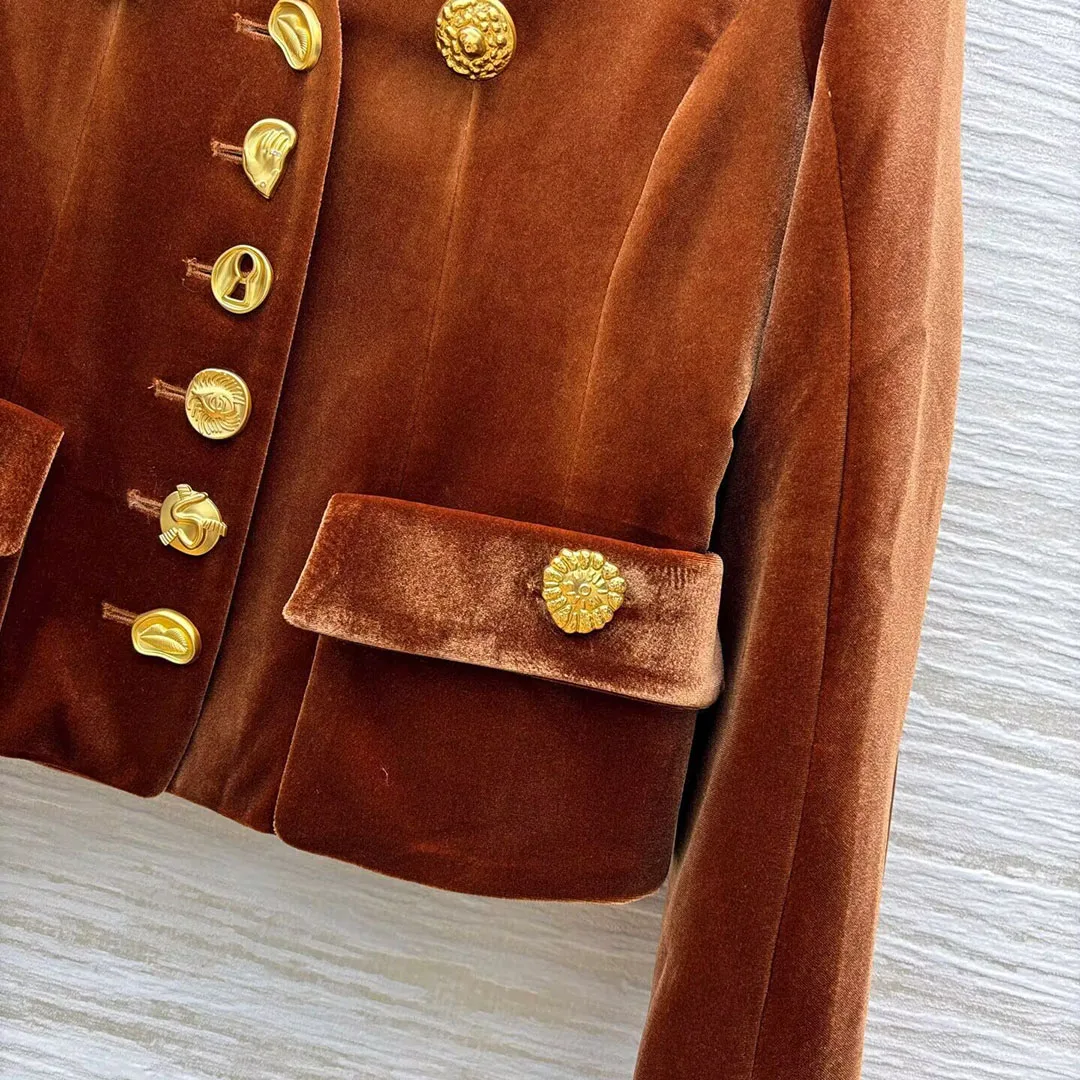 Best Quality Brown Velvet Short Design Vintage Jacket Women V-neck Luxury Gold Buttons Long Sleeve Pockets New Autumn Slim Coat