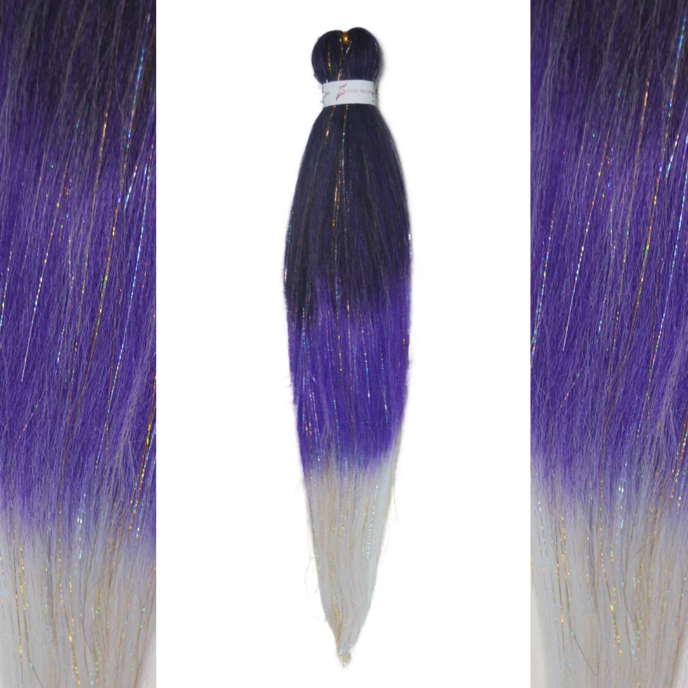 Extensions de cheveux rave pour filles, Tresses droites ombrées, Tinsel de cheveux mélangés, Tresses de jour, Violet et blanc, 3 tons