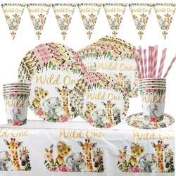 Pink Birthday Party Decorations Wild One Birthday Tableware Paper Cups Plates Napkins Banner Baby Shower Birthday Decorations