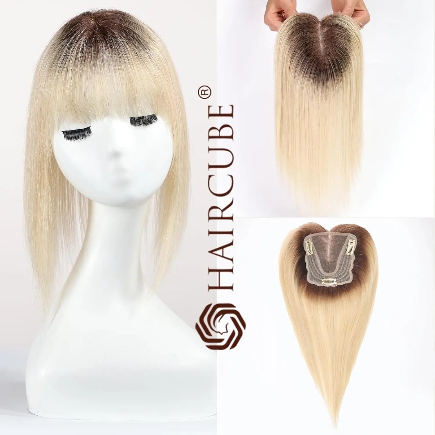 Blonde Ombre Human Hair Toppers with Bangs Clip in Lace Base Hair Extensions 100% Remy Human Hair for Women with Thin Hair 14 In