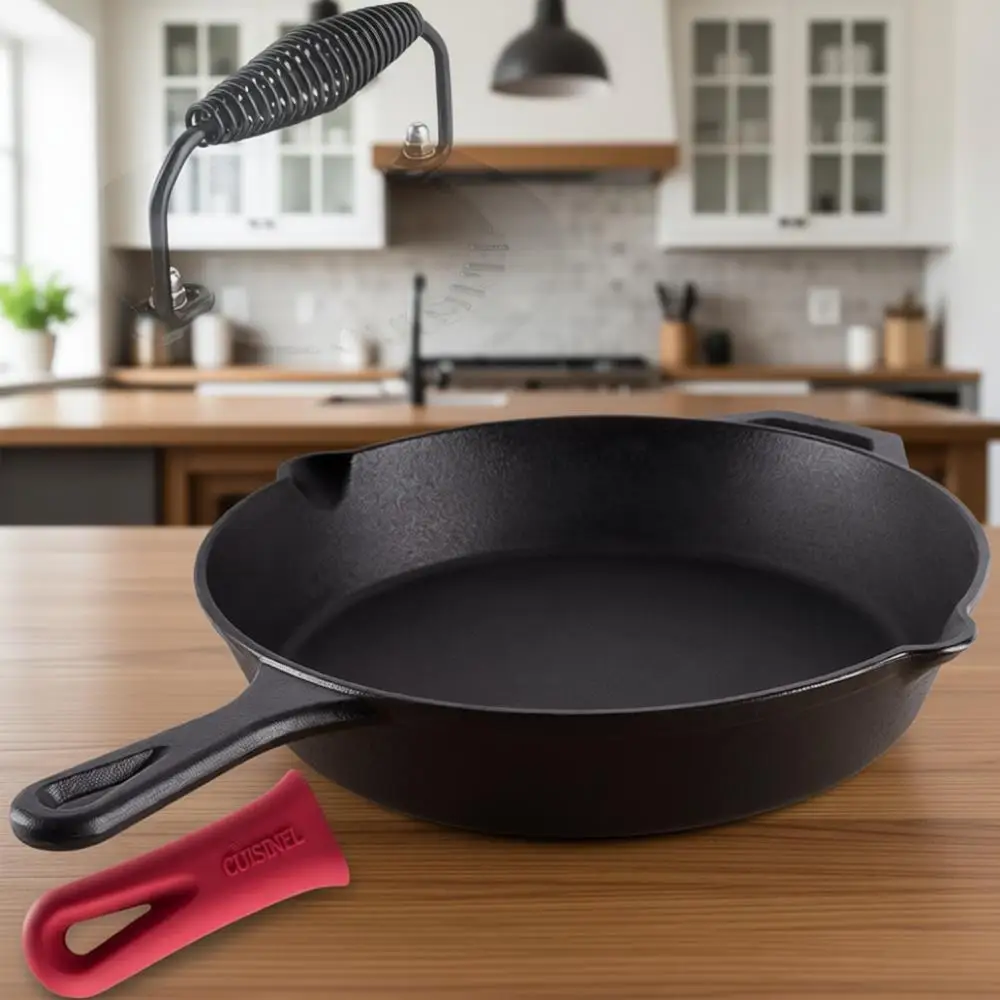 12-Zoll-Vorgefertigte Gusseisenpfanne mit Silikongriff und 7-Zoll-Burger-Smasher – Vielseitiges Kochen für drinnen und draußen
